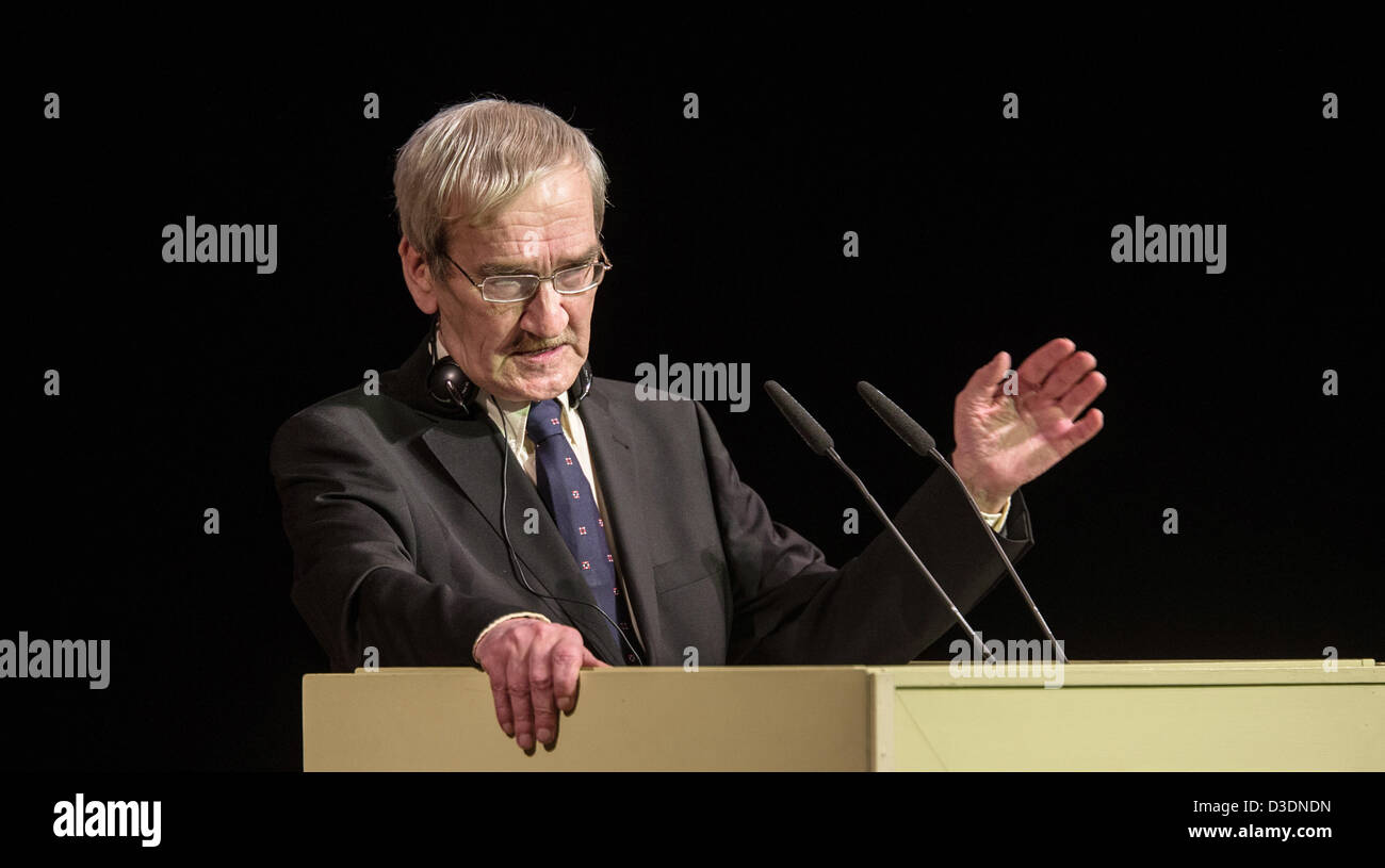 Former Soviet officer Stanislav Petrov talks before receiving the "Dresden Prize" in the Semper Opera in Dresden, Germany, 17 February 2013. The prize is worth 25,000 euros. The alarm was signalled while he was on duty at the command center for the Soviet Air Defence Forces on 26 September 1983. The 73 year-old judged the alarm to be a false alarm preventing a nuclear attack on the USA. Photo: OLIVER KILLIG Stock Photo