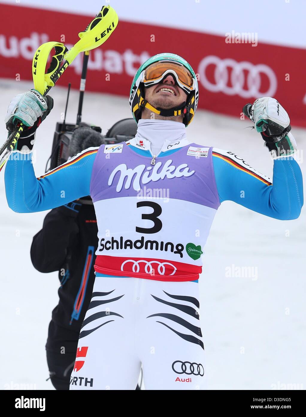 Felix Neureuther of Germany celebrates during the second run of the men's slalom at the Alpine Skiing World Championships in Schladming, Austria, 17 February 2013. Photo: Karl-Josef Hildenbrand/dpa Stock Photo