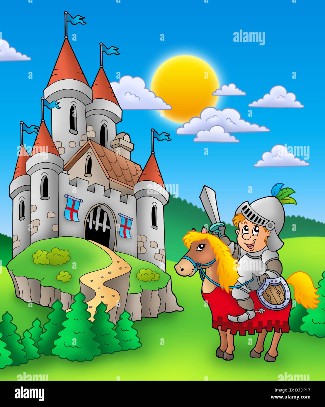 Knight on horse with castle - color illustration Stock Photo - Alamy