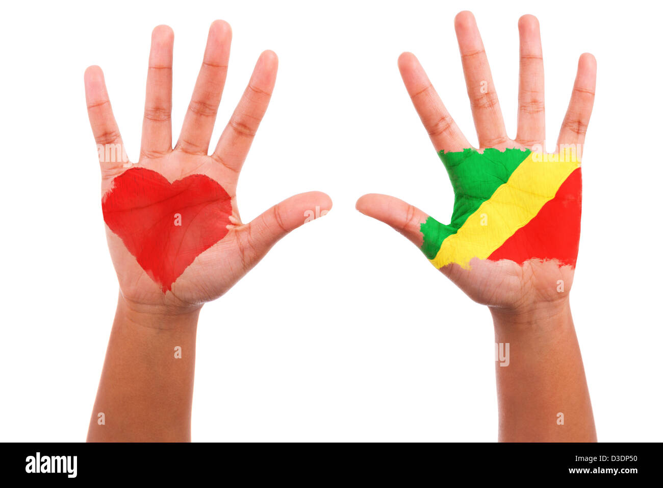 African hands with a painted heart and congolese flag, i love congo concept, isolated on white background Stock Photo