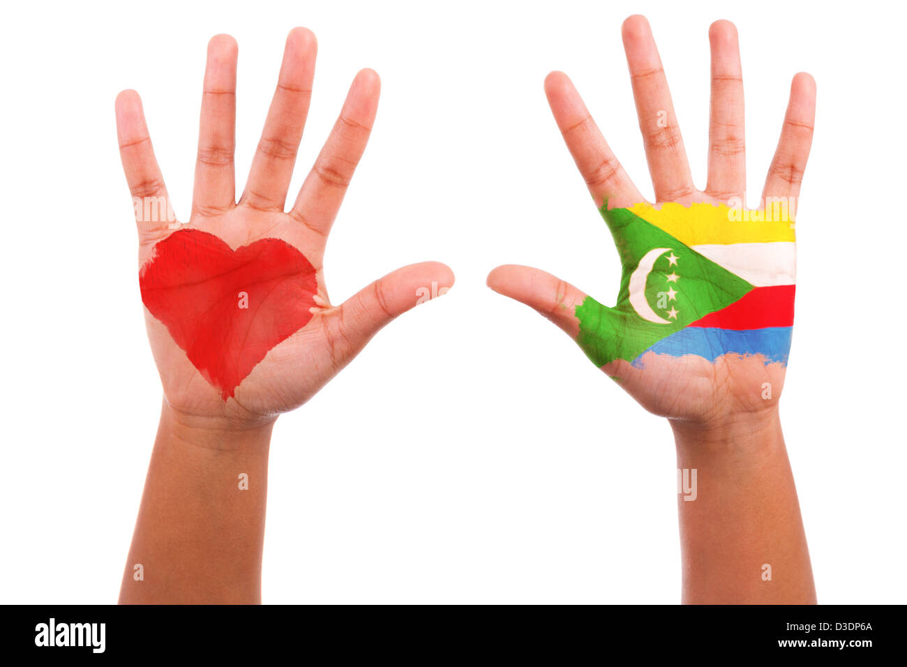 African hands with a painted heart and comorian flag, i love comoros concept, isolated on white background Stock Photo