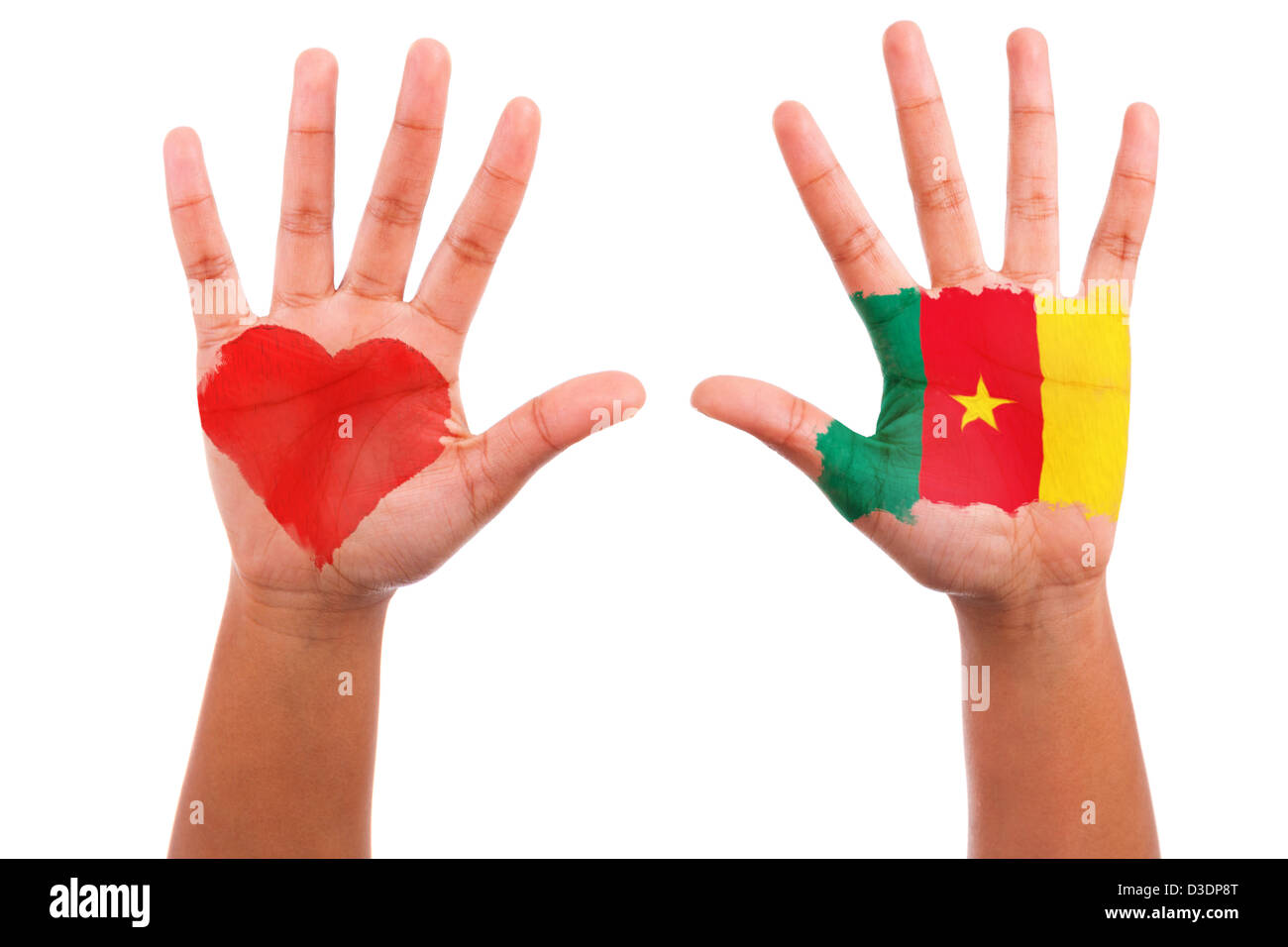 African hands with a painted heart and cameroon flag, i love cameroon concept, isolated on white background Stock Photo