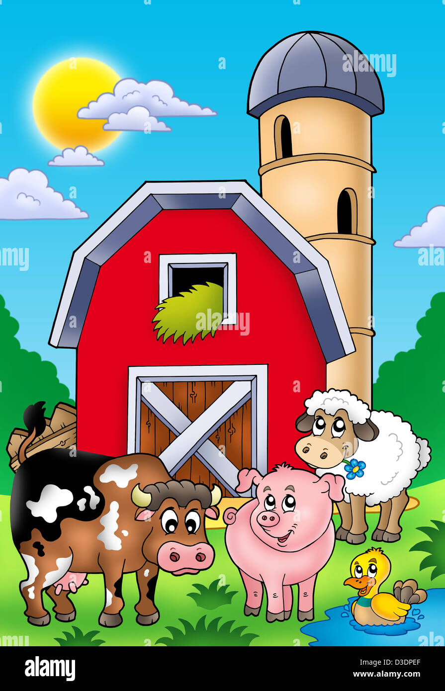 Big red barn with farm animals - color illustration Stock Photo - Alamy