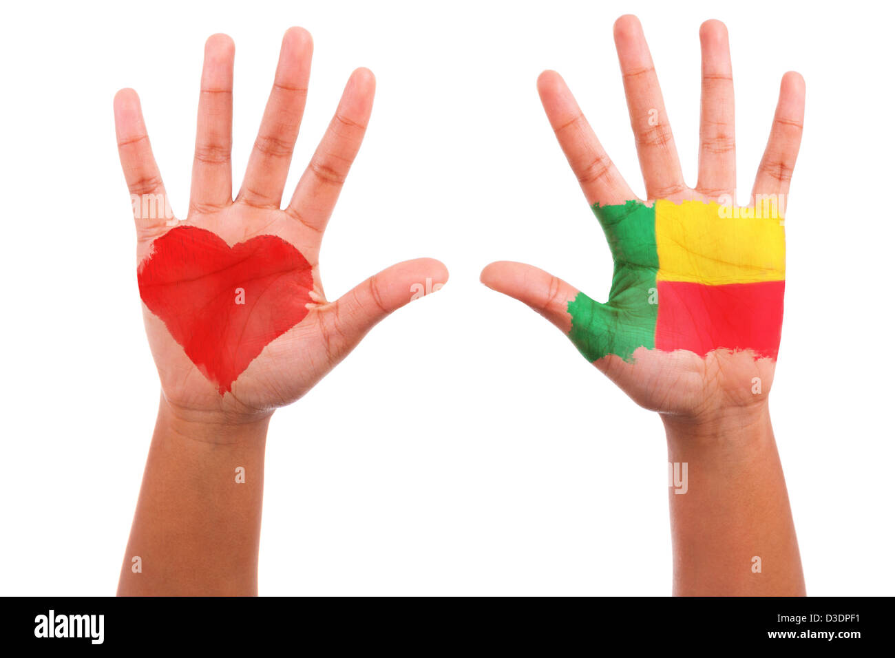 African hands with a painted heart and beninian flag, i love benin concept, isolated on white background Stock Photo