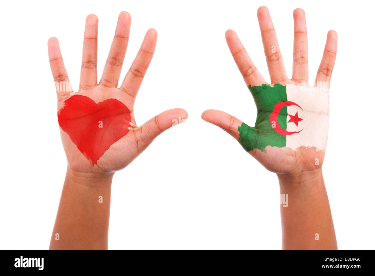 African hands with a painted heart and algerian flag, i love algeria concept, isolated on white background Stock Photo