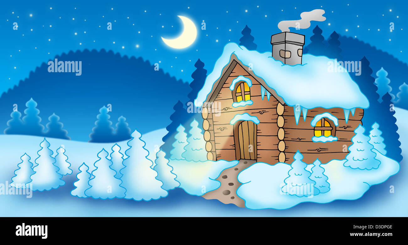 Winter landscape with small cottage - color illustration Stock Photo ...