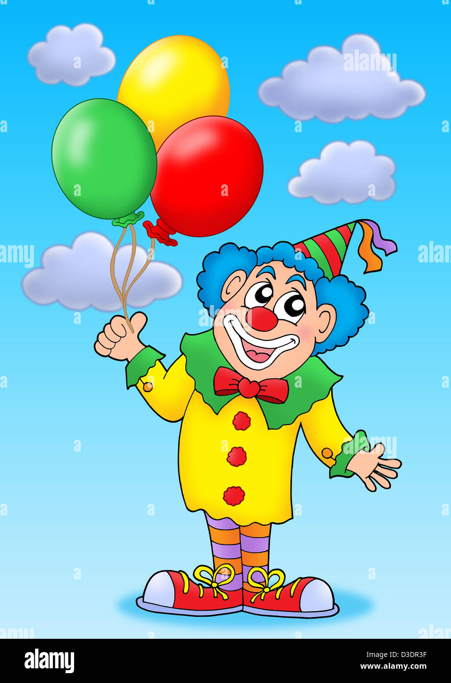 Clown with balloons on blue sky - color illustration Stock Photo - Alamy