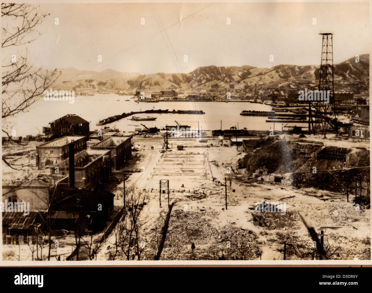 Aftermath of conventional and atomic bombing of Kure (Hiroshima ) dockyard, Japan during Second war world. Stock Photo