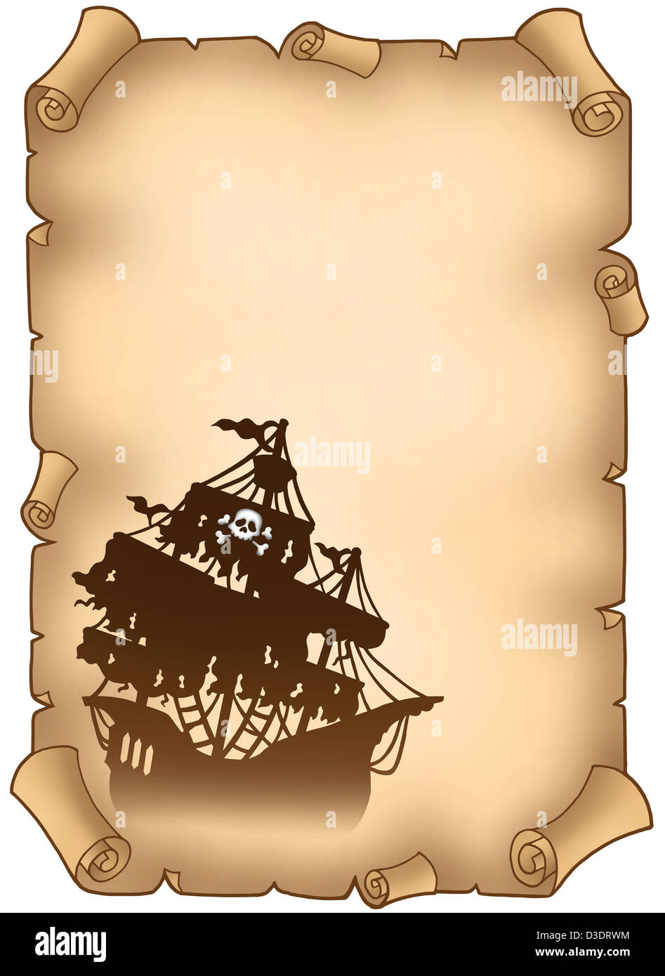 Old scroll with mysterious pirate ship - color illustration Stock Photo ...
