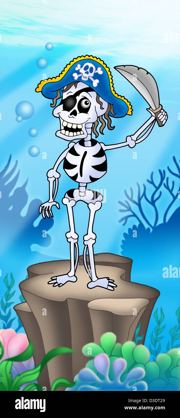 Pirate skeleton on sea bottom - vector illustration Stock Photo - Alamy