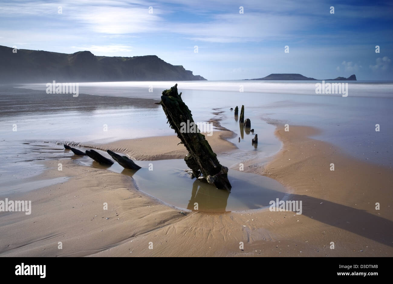 The wreck of the Helvetia, Rhossili beach, Gower peninsula, South West Wales. Stock Photo
