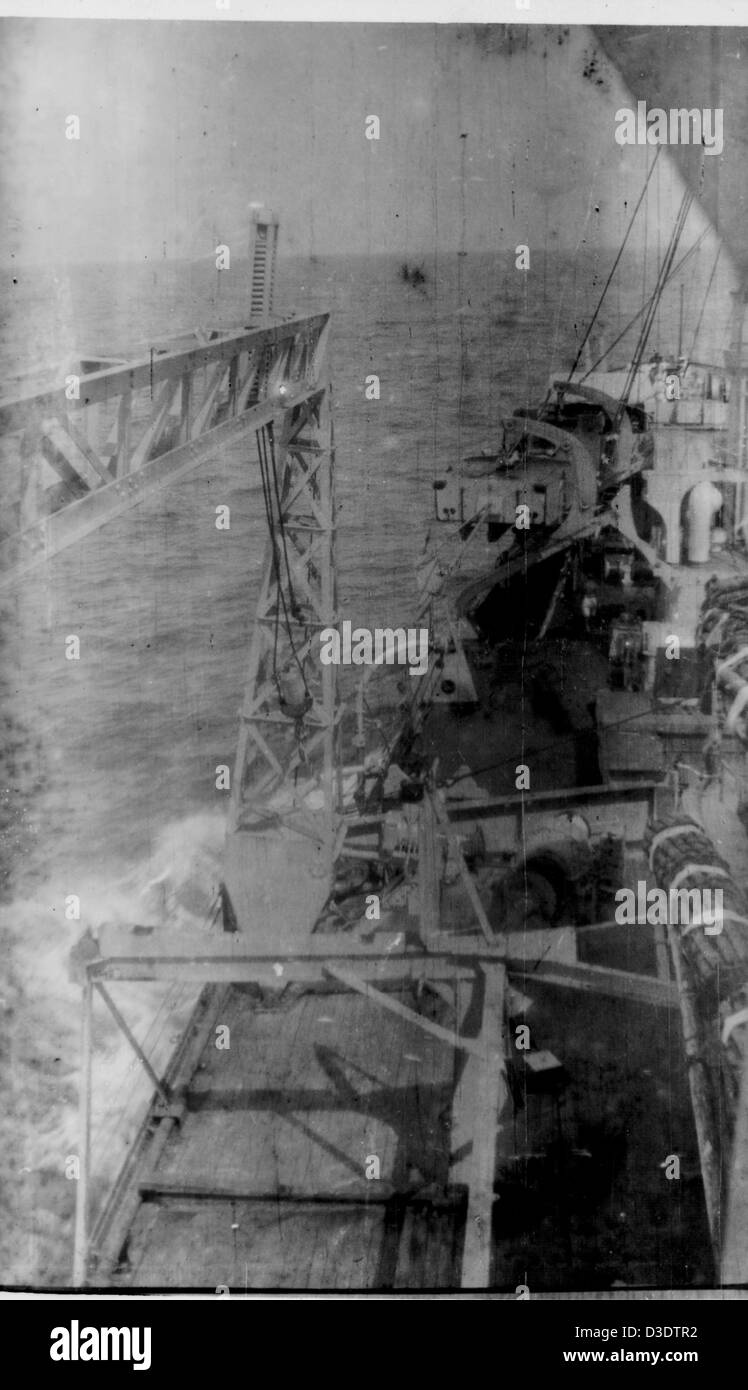 Aftermath of Kamikaze attack on HMS Glenearn during Second world war. Stock Photo