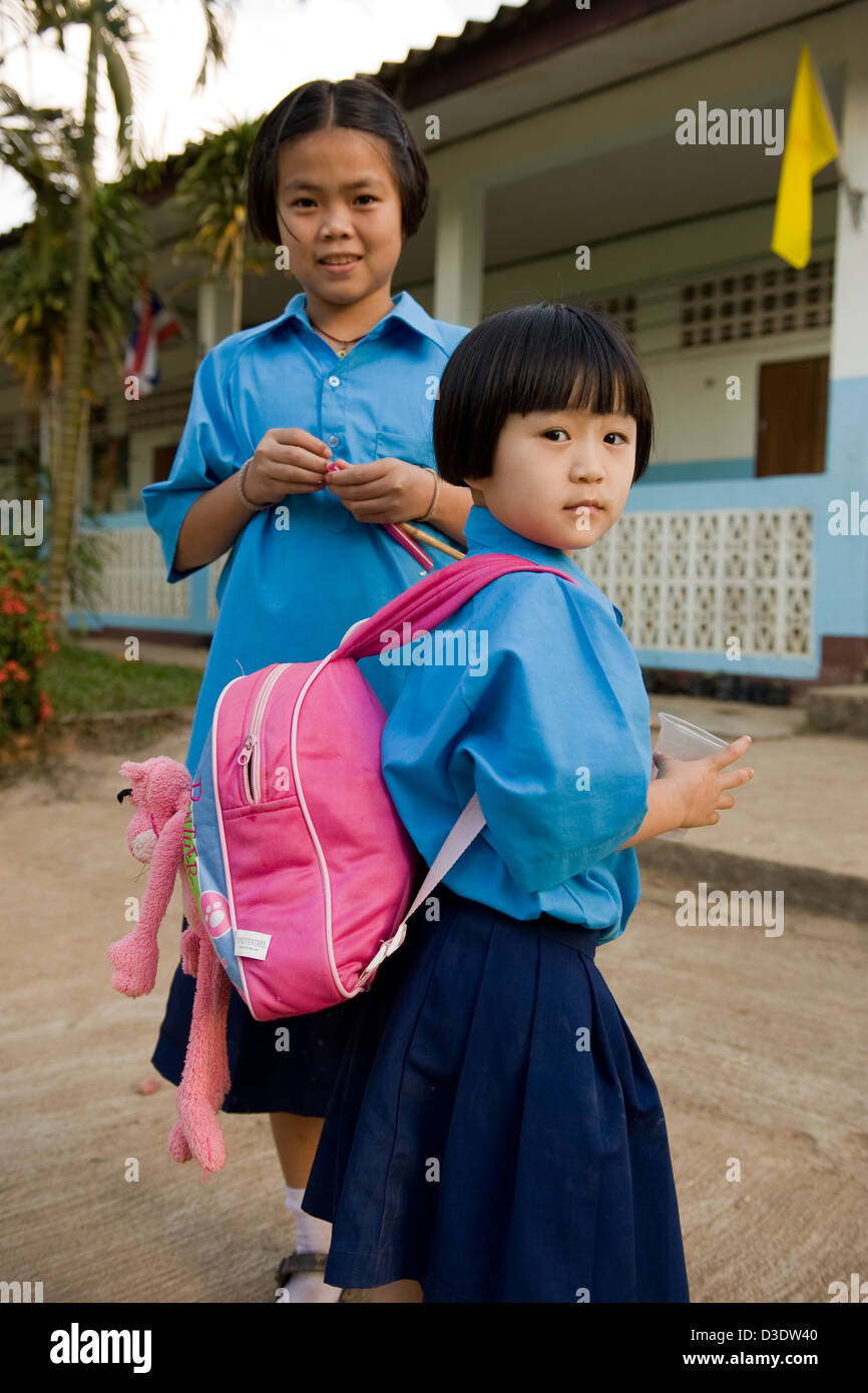Fang, Thailand, schoolgirls with backpack Pink Panther Stock Photo