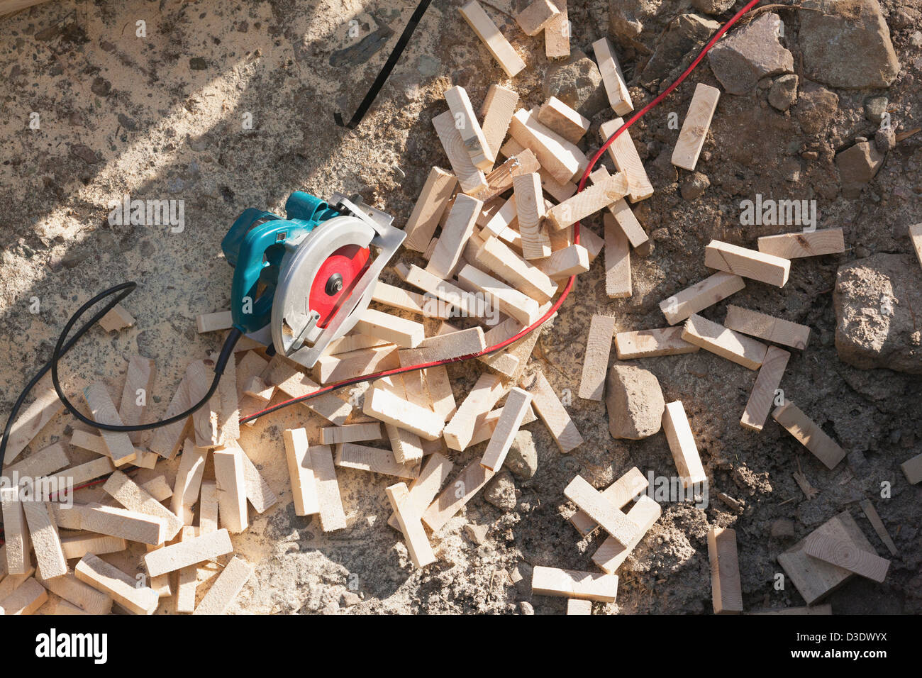 Circular saw with wood trim ends Stock Photo Alamy