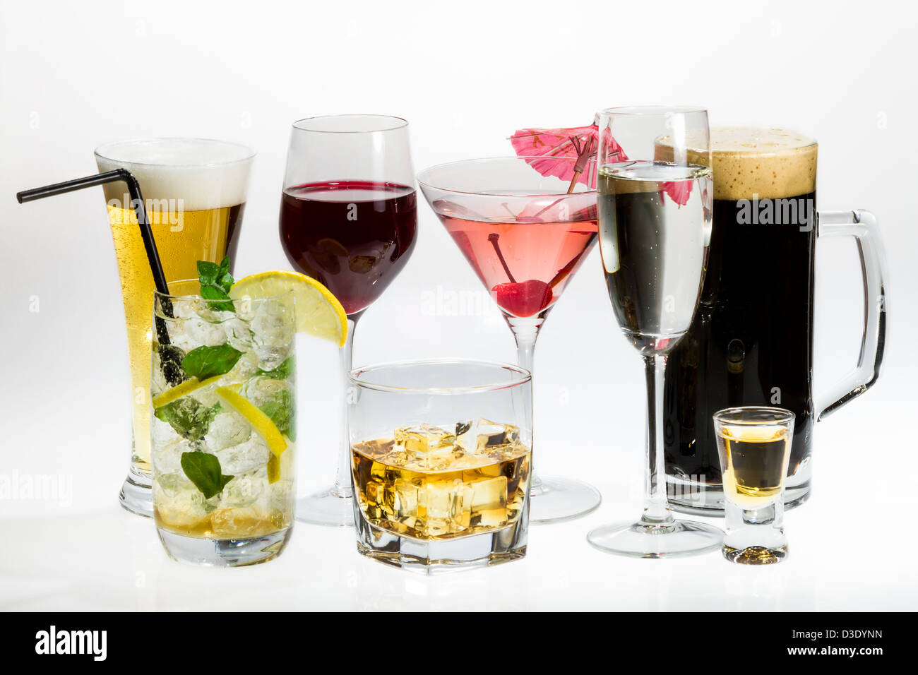 Various types of alcohol on a white background Stock Photo Alamy