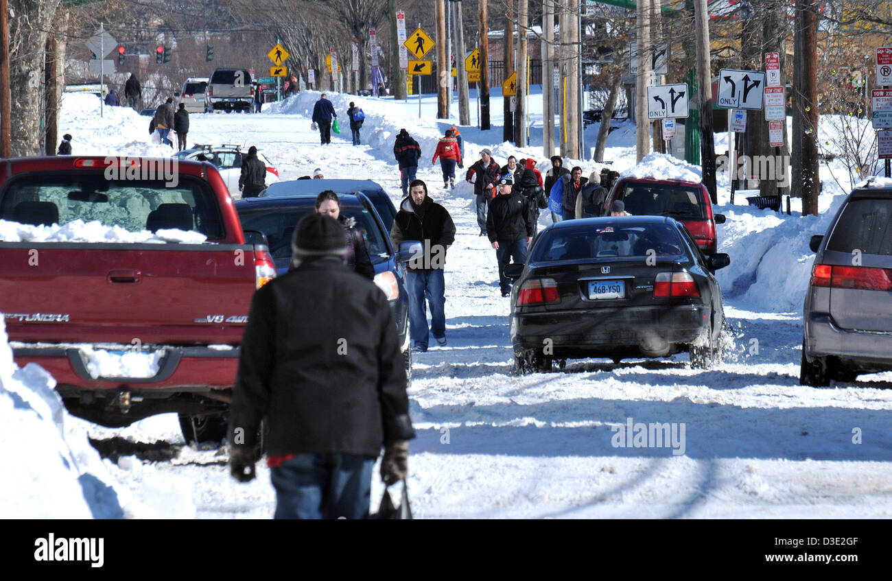 New Haven--People walk along Grand Avenue in Fair Haven after Nemo, the worst blizzard in CT history Stock Photo