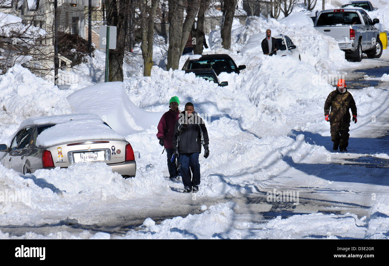 New Haven--People walk along Quinnipiac Avenue in Fair Haven. Stock Photo