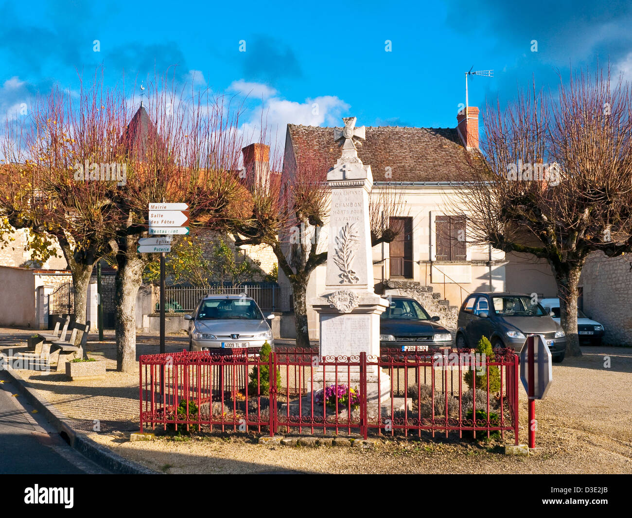 Chambon village centre and Great War memorial - France. Stock Photo