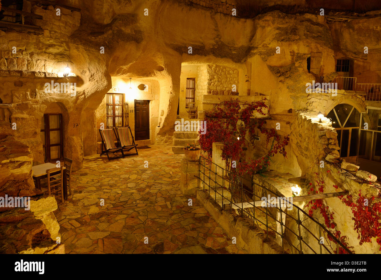Urgup Evi rock house cave hotel at night in Cappadocia Turkey Stock Photo