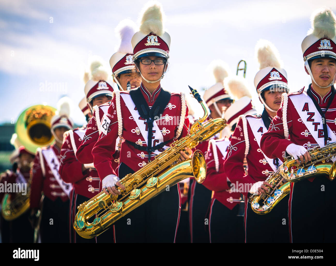 The Mark Keppel High School Aztec Band of Alhambra, California marching during  2013 Chinese New Year parade. Stock Photo