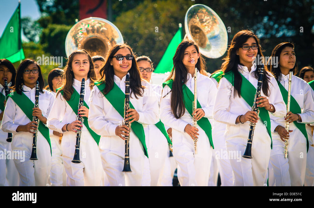 Girls from the Pico Rivera North Park Middle School marching band on parade. Stock Photo