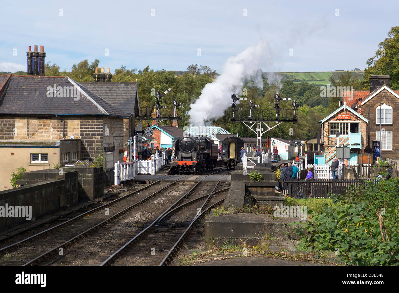 Steam train leaving grosmont train station, north yorkshire moors railway Stock Photo