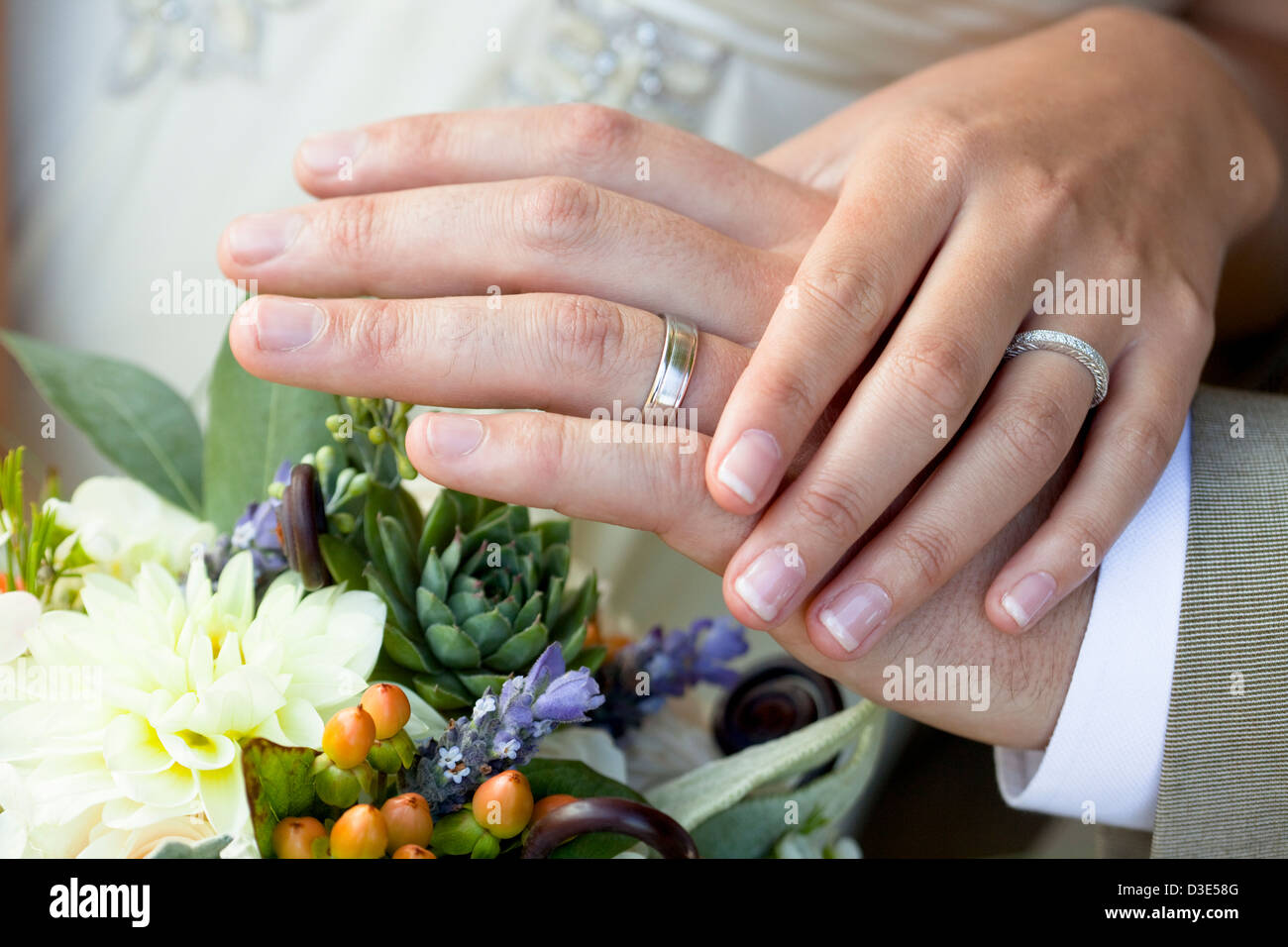 bride, groom, wedding hands, rings, commitment Stock Photo