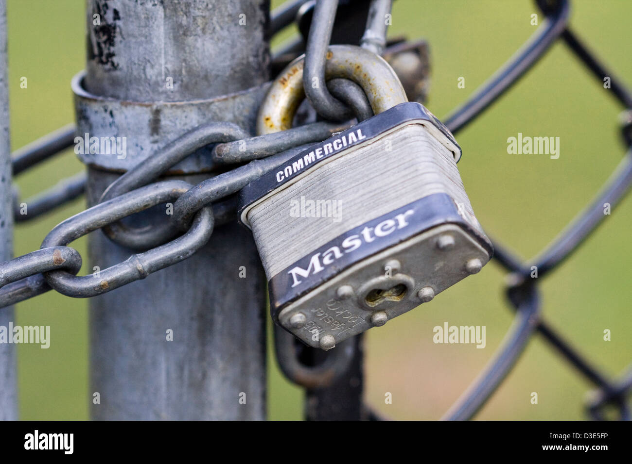 The gate of a chain link fence secured with a No5 Commercial Master Lock and linked chain Stock Photo
