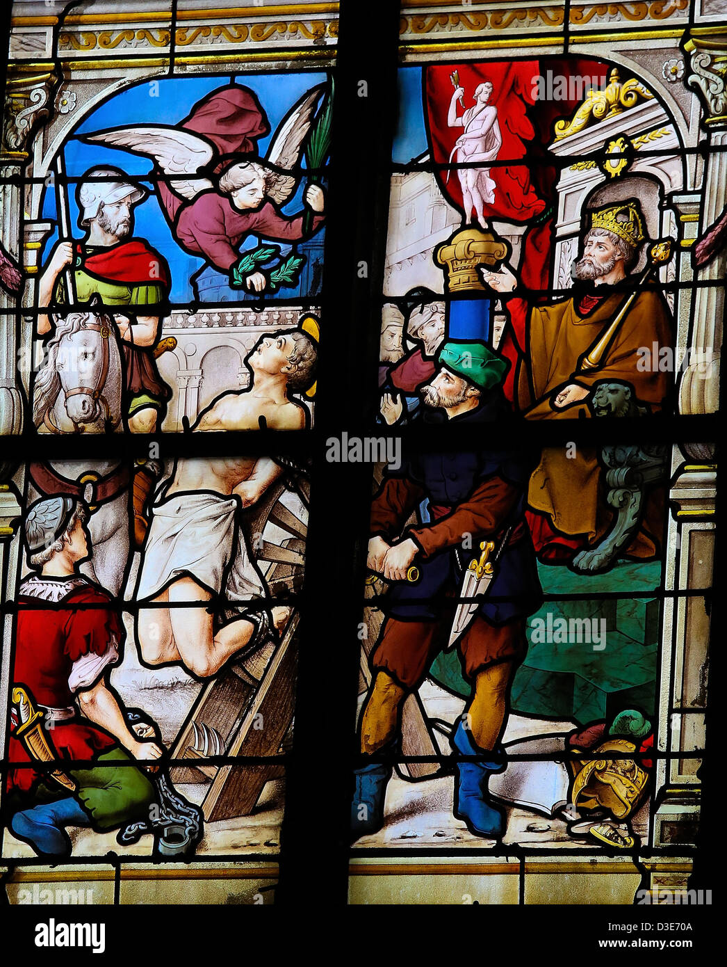 Christian martyr on a stained glass window in Saint Catherines church in Honfleur, France. Stock Photo