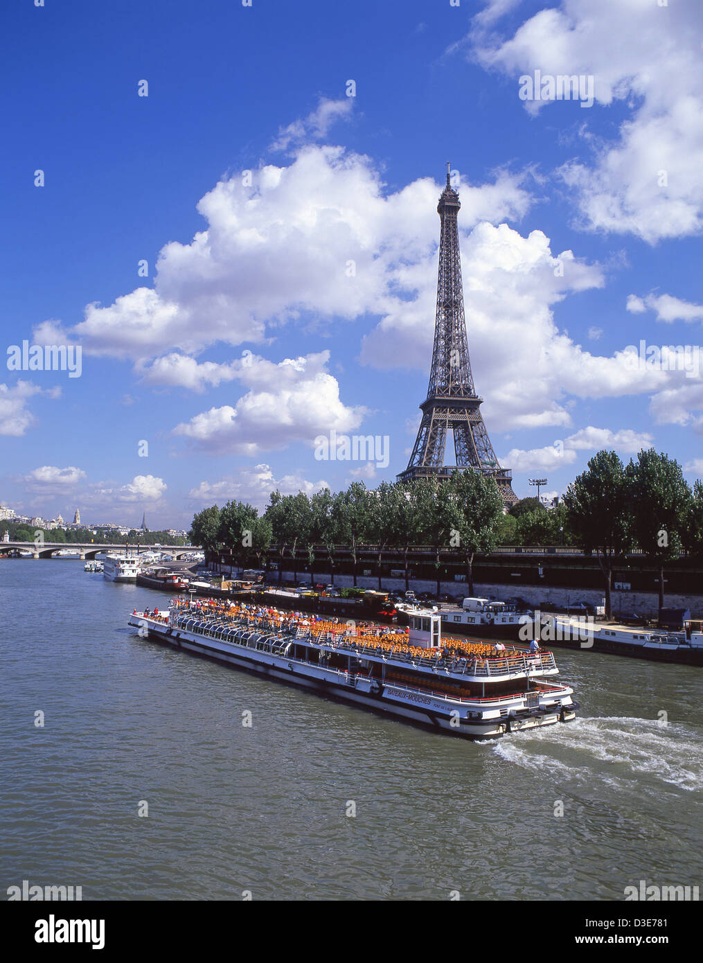 Cruise boat (Bateau Mouche) on River Seine and Eiffel Tower (La Tour Eiffel), Paris, Île-de-France, France Stock Photo