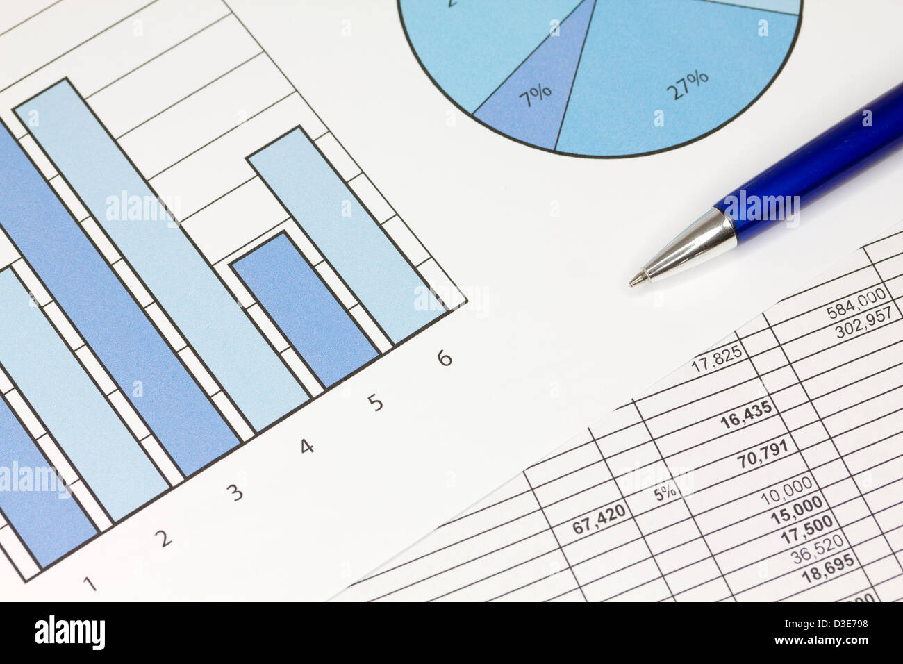Graphs in Blue with Spreadsheet and Pen Stock Photo