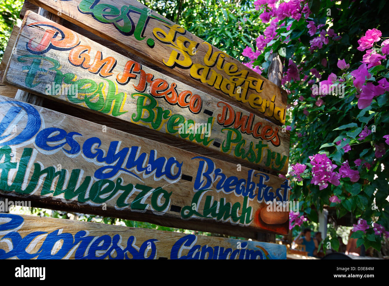 Restaurant sign in English and Spanish, Santa Catalina, Panama Stock Photo