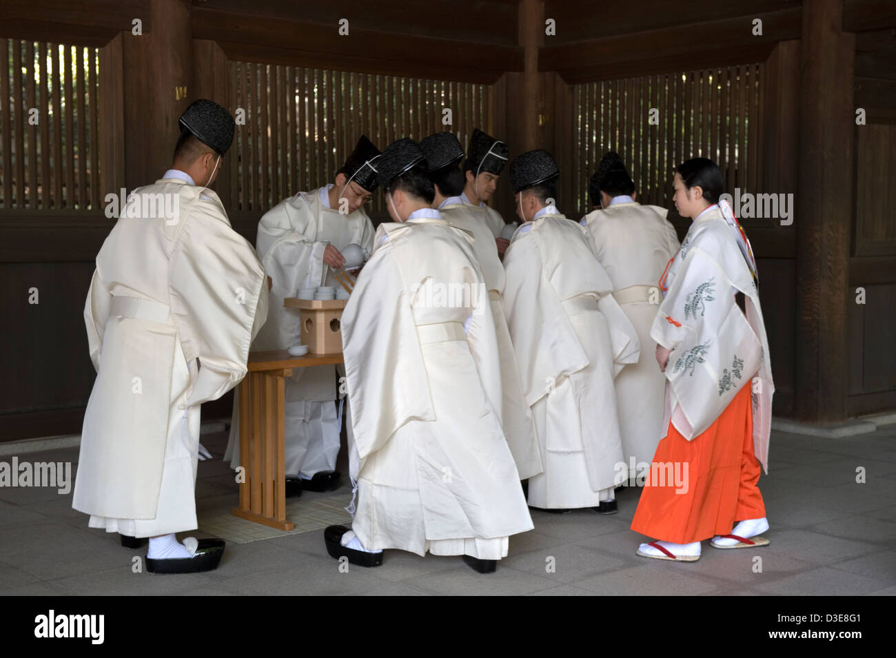 Shinto priests and a miko maiden in red robe take part in sake drinking religious ritual ceremony at Meiji Jingu, Tokyo, Japan. Stock Photo