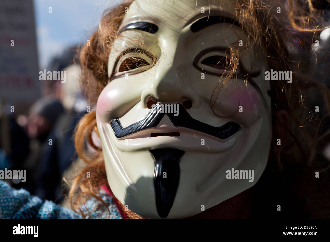Closeup of someone wearing a Guy Fawkes mask Stock Photo Alamy