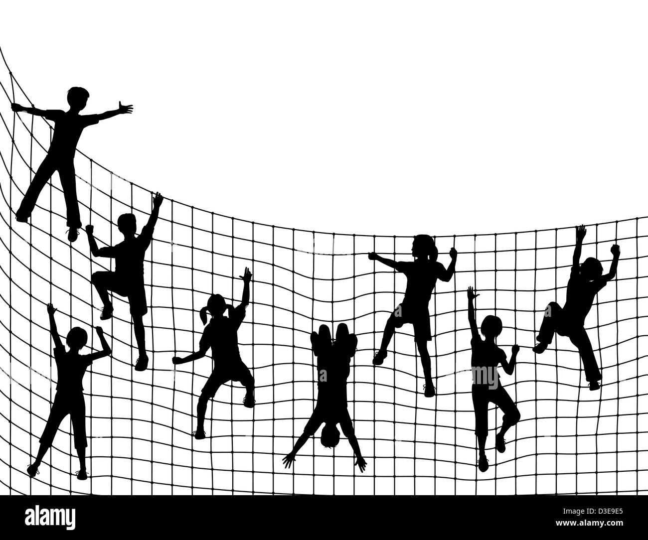 Illustration of children silhouettes climbing a net Stock Photo