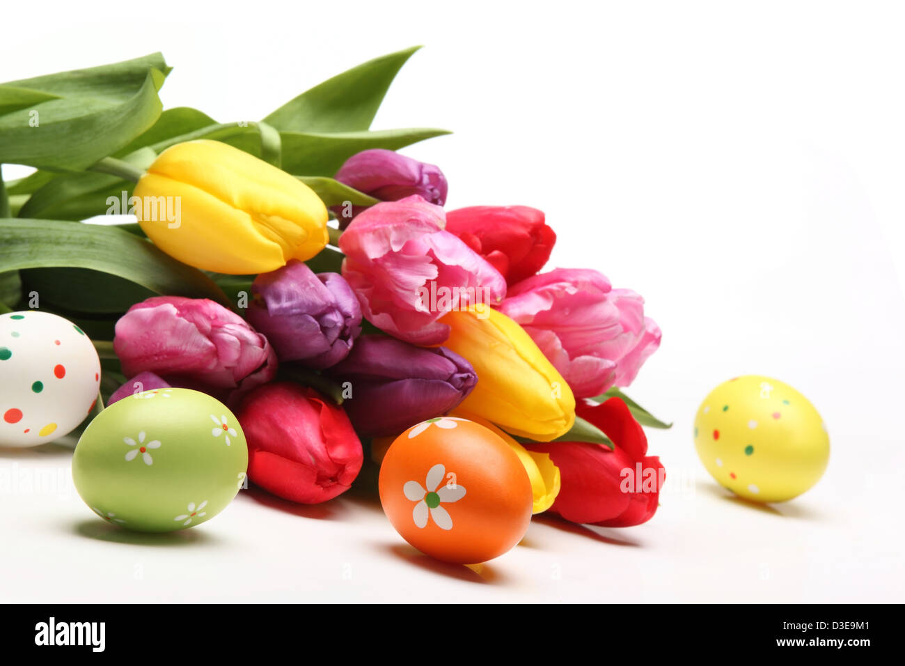 Easter eggs with tulips on white background Stock Photo - Alamy