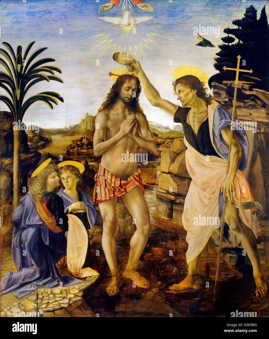 Leonardo da Vinci, The Baptism of Christ 1475-8 Oil and tempera on poplar panel. Florence, Uffizi Stock Photo