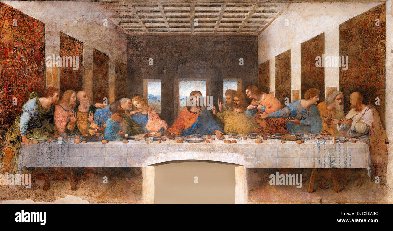 Leonardo da Vinci, The Last Supper 1494-98 Milan, Convent of Santa Maria delle Grazie. Tempera on gesso, pitch and mastic. Stock Photo