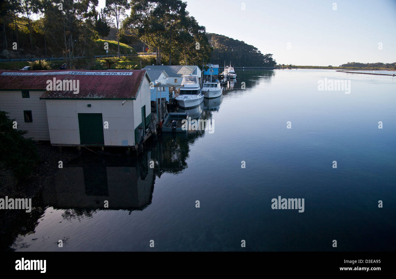 Boatsheds on Wagonga Inlet at Narooma. Stock Photo