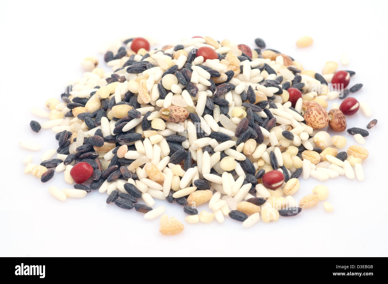 Raw mixed grains on white background, mixed with 5 different grains