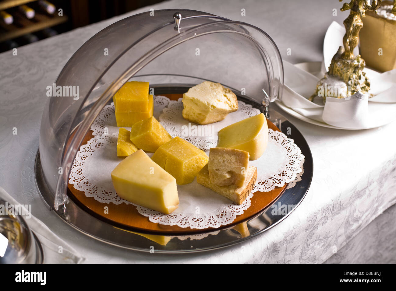 Variety of cheeses on the table the vintage restaurant. Stock Photo