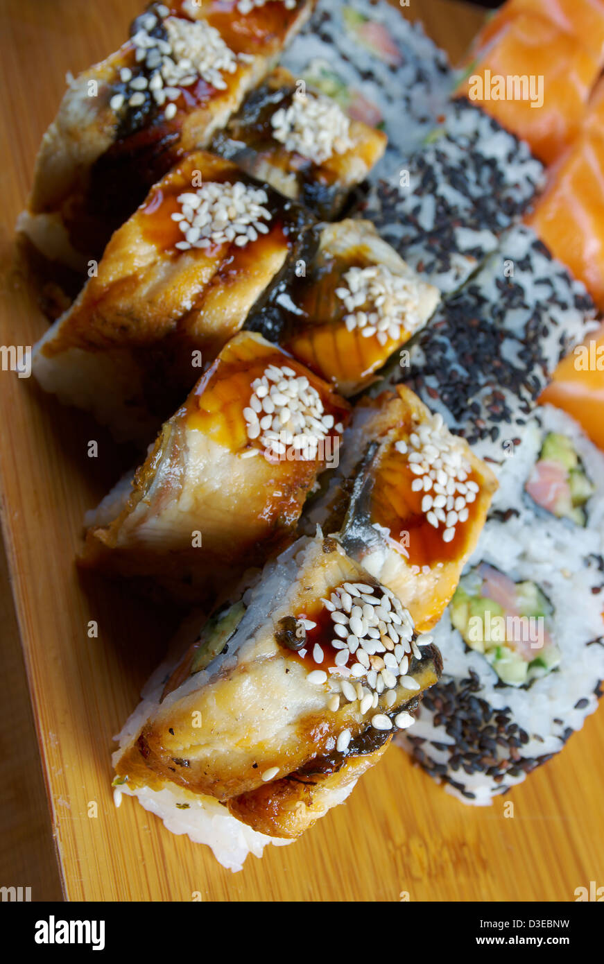 Japanese sushi maki . traditional japanese food.Roll made of Smoked eel Stock Photo