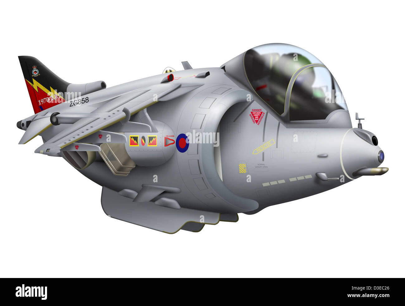 Cartoon illustration of a Royal Air Force Harrier jet plane. Stock Photo