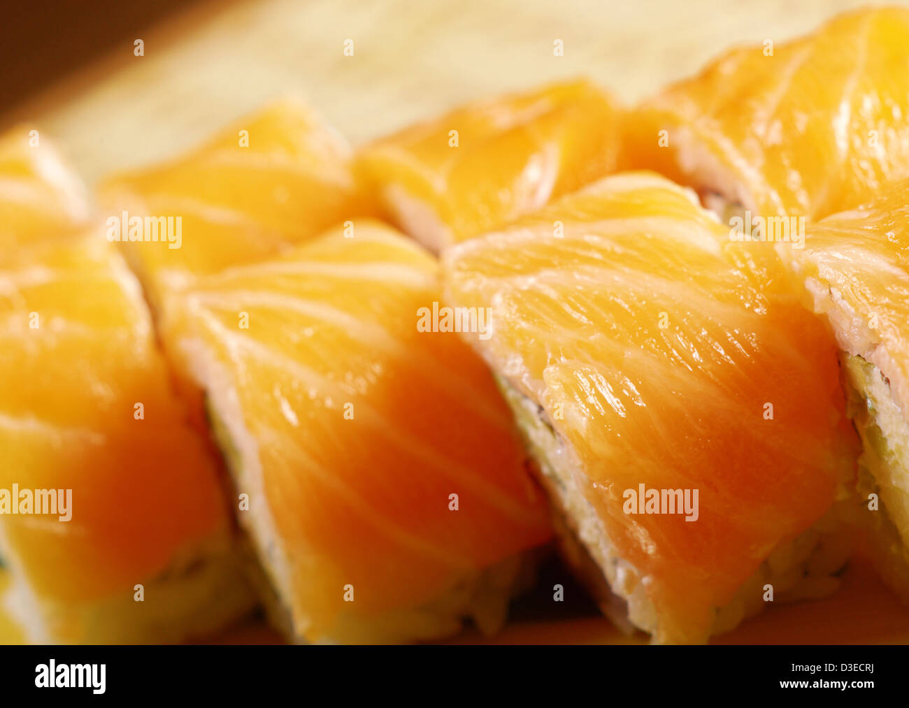 Philadelphia classic. Salmon, Philadelphia cheese, cucumber, avocado, tobiko. Japanese sushi Stock Photo