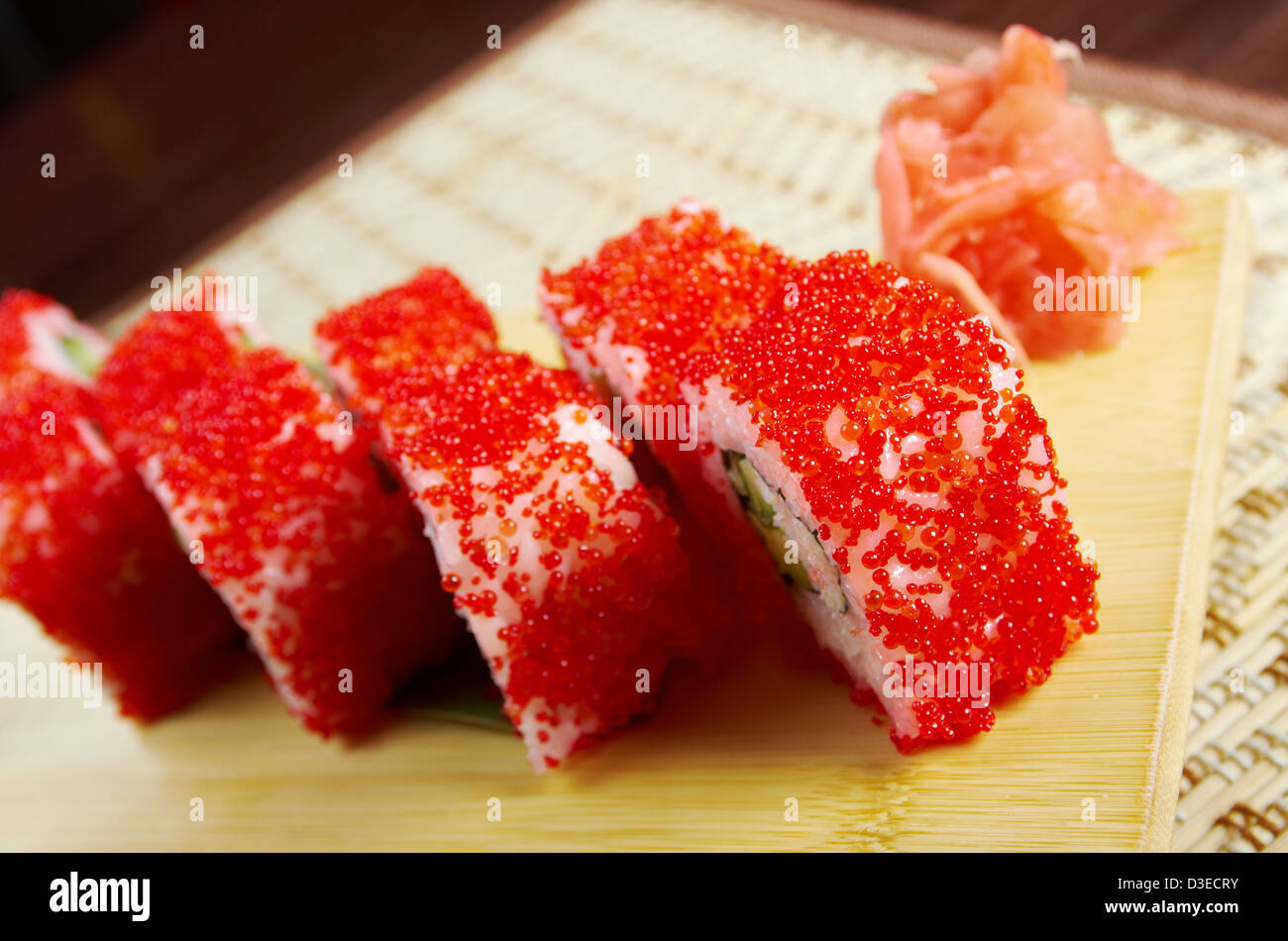Japanese sushi traditional japanese food.Roll made of Smoked fish and red roe Stock Photo