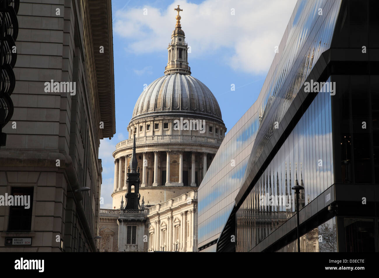 St Paul's Cathedral viewed through office buildings and One New Change shopping centre, City of London, England, UK, GB Stock Photo
