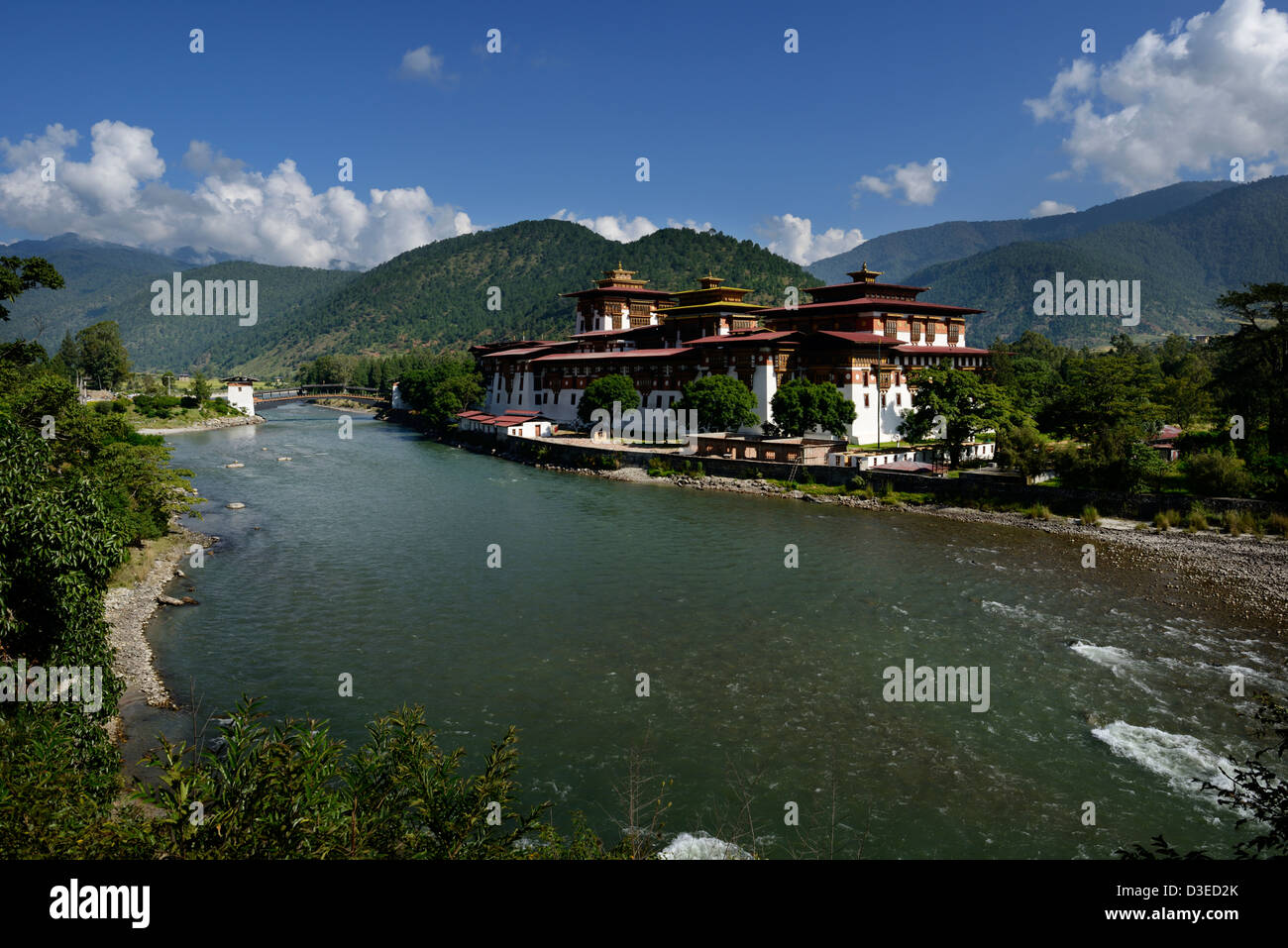 Punakha Dzong,a beautiful fortress between two major rivers,stunning location of the former capital,+,bridge,Bhutan,36MPX,HI-RES Stock Photo