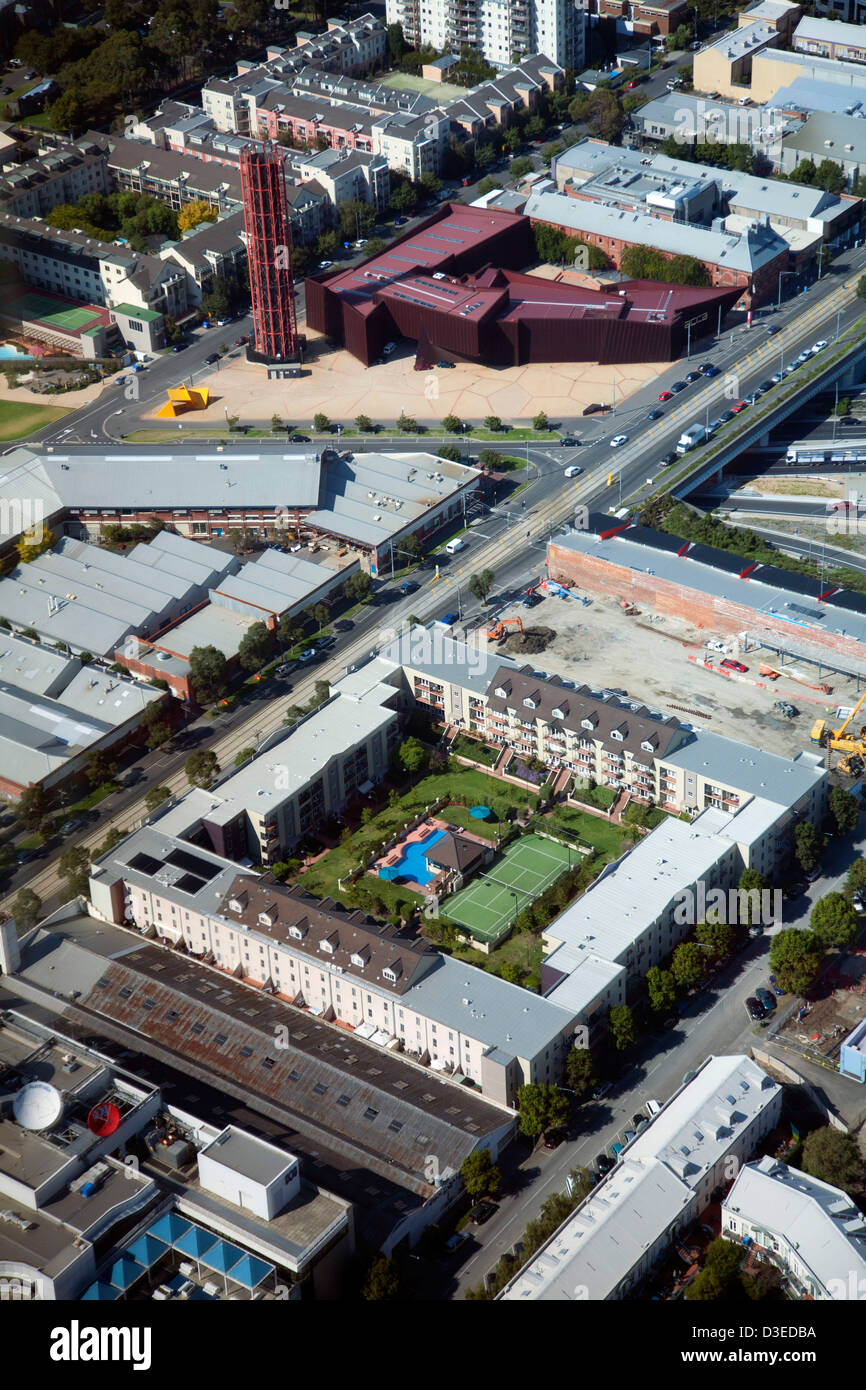 elevated aerial view of inner city lawyer rise apartment complex on Sturt Street South Melbourne Victoria Australia Stock Photo