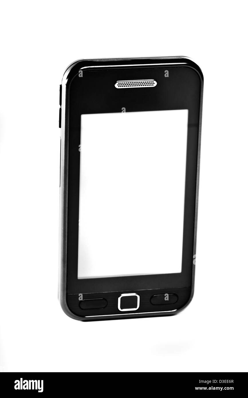 Close up view of a modern touch screen mobile phone isolated on a white background. Stock Photo