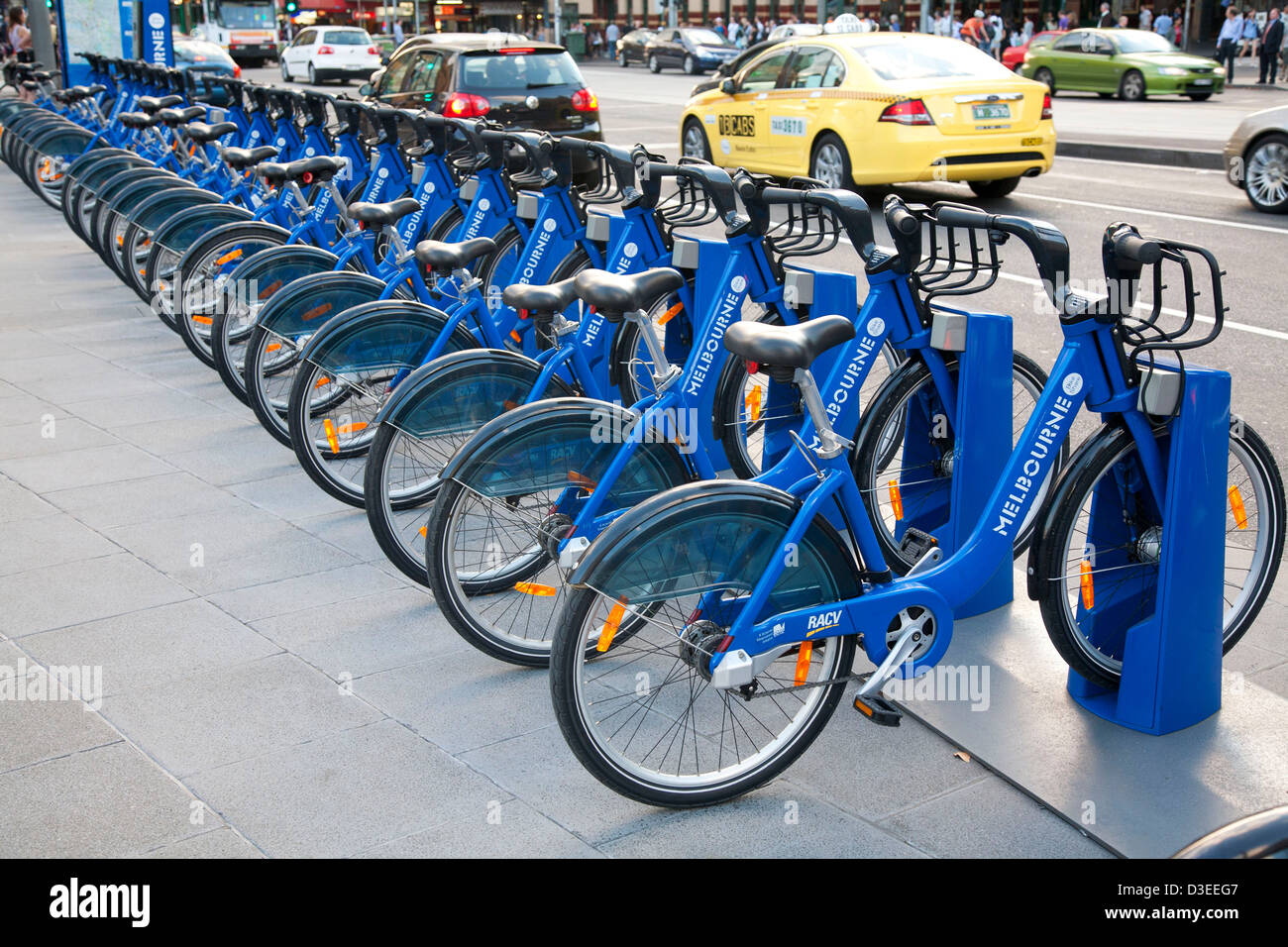 Hire bicycle racks-pay by the hour- innovative idea for transportation in Melbourne Victoria Australia Stock Photo